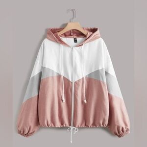 Colorblock Windbreaker Hooded Jacket - Pink, White, and Gray